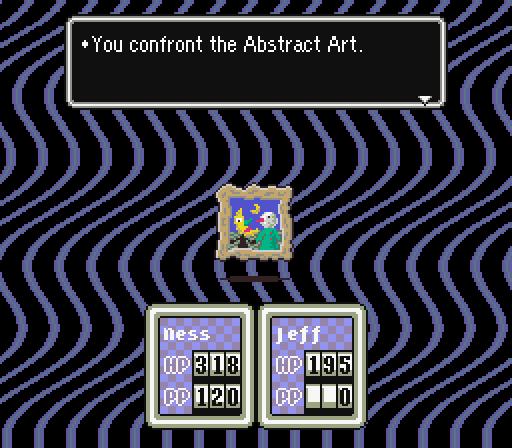 An enemy battle in Earthbound. The background undulates with violet and magenta. It's very vaporwave. Ness and Jeff are ready for combat. A strange painting inside a gilt frame hovers in front of you. The header reads: You confront the Abstract Art.